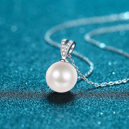 925 Sterling Silver PT950 -Plated Necklace - 4.5-Point Moissanite & 10-11mm Flawless Freshwater Pearl Minimalist Choker