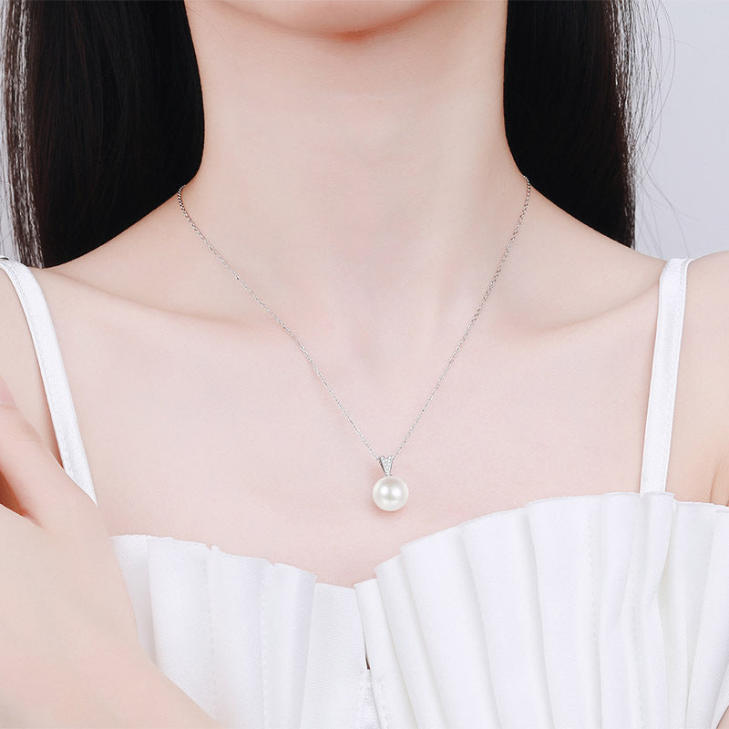 925 Sterling Silver PT950 -Plated Necklace - 4.5-Point Moissanite & 10-11mm Flawless Freshwater Pearl Minimalist Choker