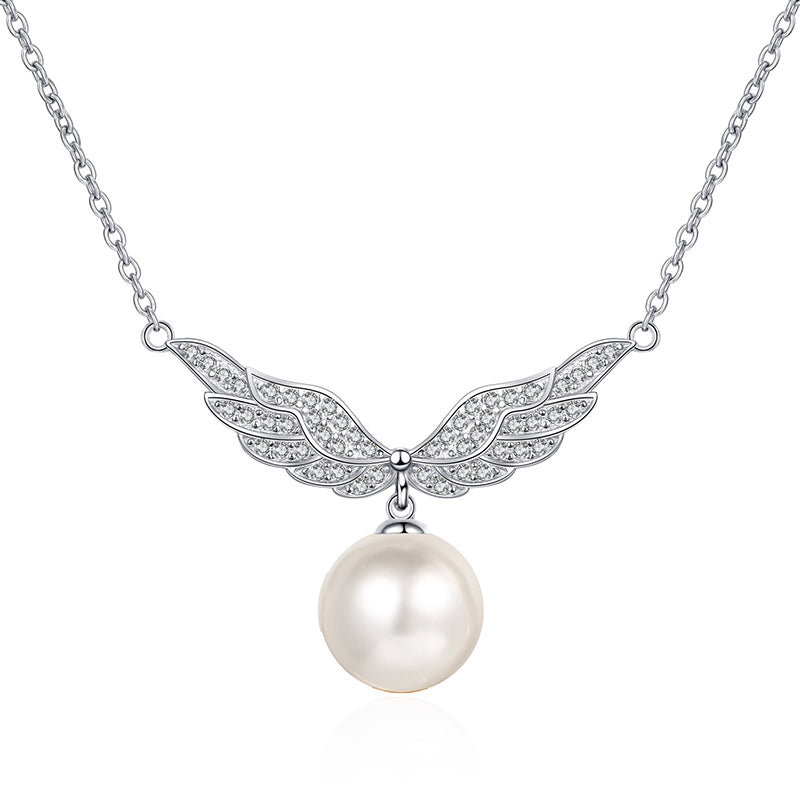 S925 Sterling Silver PT950 -Plated Angel Wing Necklace - 75-Point Moissanite & 10-11mm Pearl Bee Motif Choker