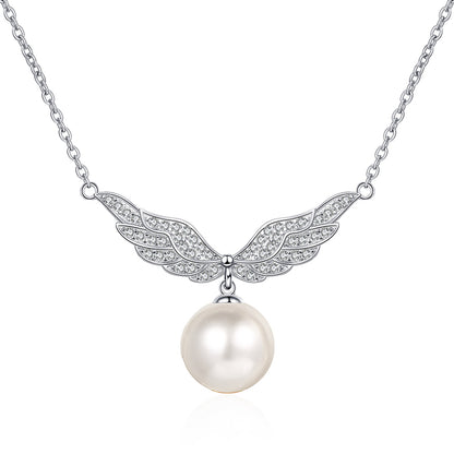 S925 Sterling Silver PT950 -Plated Angel Wing Necklace - 75-Point Moissanite & 10-11mm Pearl Bee Motif Choker