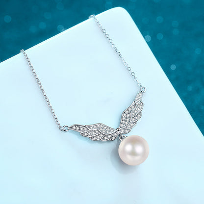 S925 Sterling Silver PT950 -Plated Angel Wing Necklace - 75-Point Moissanite & 10-11mm Pearl Bee Motif Choker