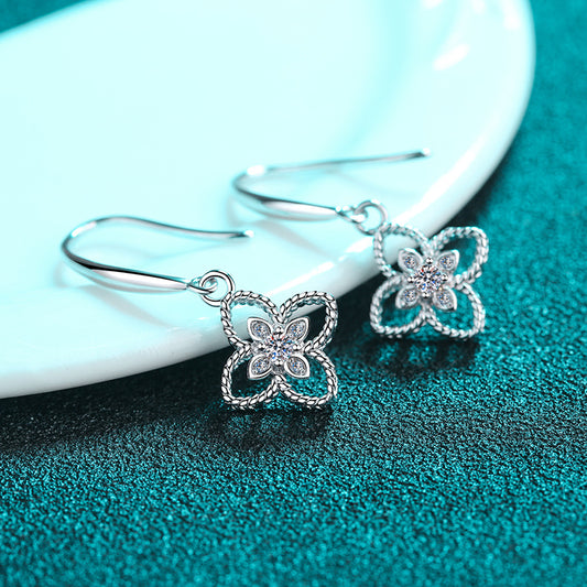 925 Sterling Silver PT950 Gold Plated Clover Drop Earrings - 0.08ct Moissanite Dainty Tribal Motif Ear Jewelry
