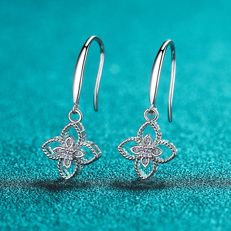 925 Sterling Silver PT950 Gold Plated Clover Drop Earrings - 0.08ct Moissanite Dainty Tribal Motif Ear Jewelry