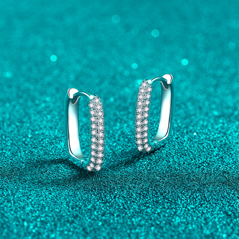 925 Sterling Silver PT950 Gold Plated Double Row Square Hoop Earrings - 0.42ct Moissanite Minimalist Ocean-Inspired Jewelry