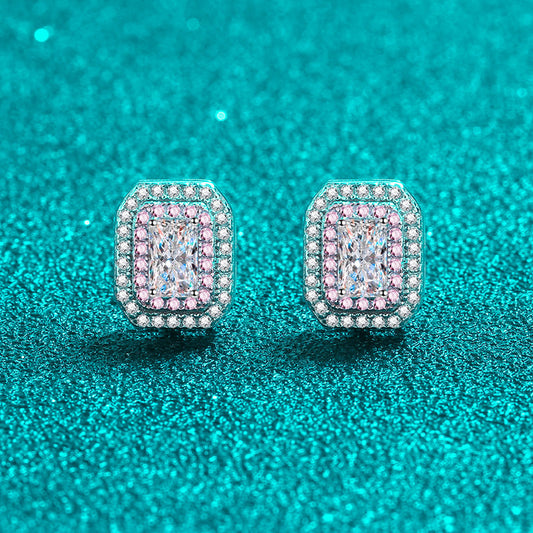925 Sterling Silver PT950 Gold Plated Emerald & Radiant Cut Moissanite Stud Earrings - 1CT