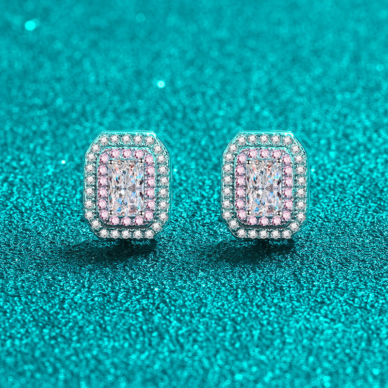 925 Sterling Silver PT950 Gold Plated Emerald & Radiant Cut Moissanite Stud Earrings - 1CT