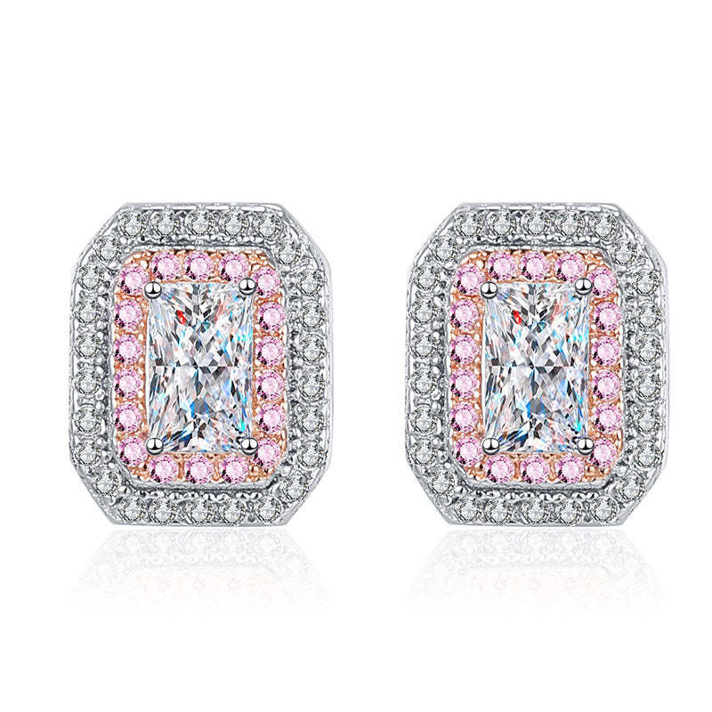 925 Sterling Silver PT950 Gold Plated Emerald & Radiant Cut Moissanite Stud Earrings - 1CT