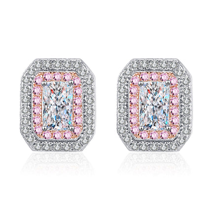 925 Sterling Silver PT950 Gold Plated Emerald & Radiant Cut Moissanite Stud Earrings - 1CT