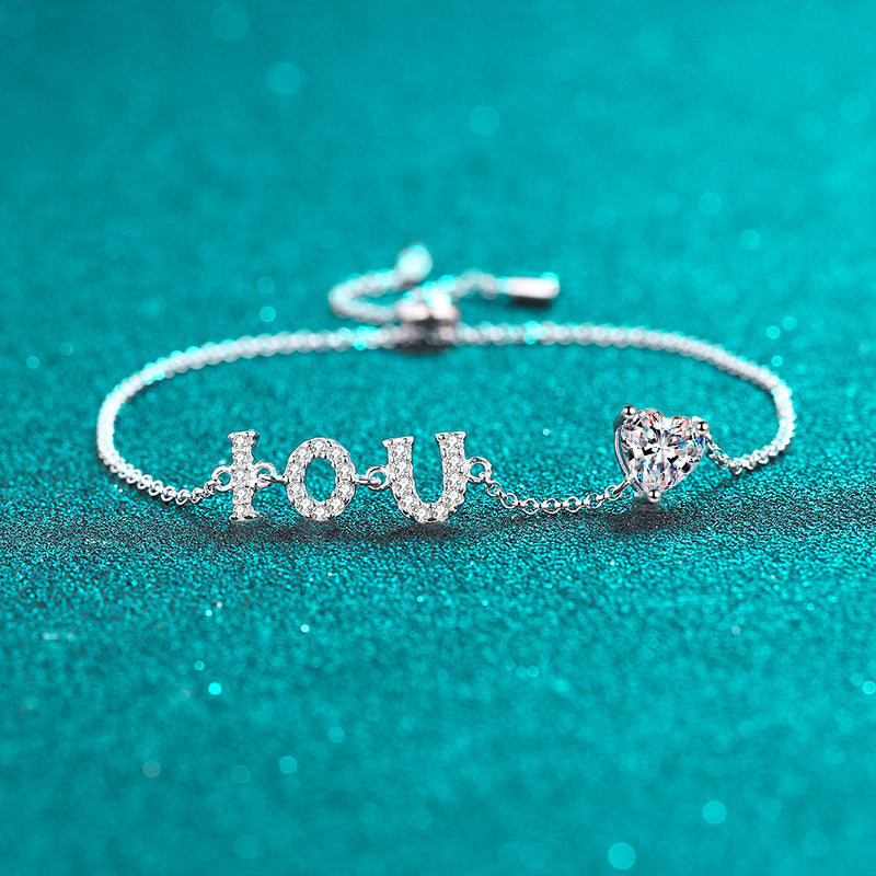 Chanel Style Initial Bracelet - Choice of 1ct Moissanite or 6.5mm Heart Zircon in 925 Silver | 5-Layer Plating