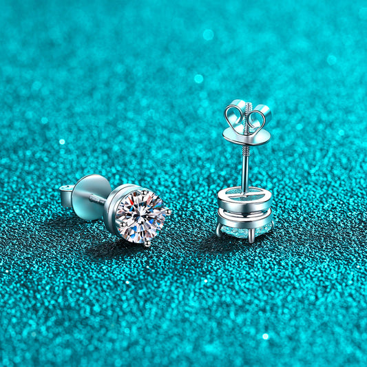 925 Sterling Silver PT950 Gold Plated Screw-Back Stud Earrings - 4 Prong Moissanite & Zircon Earrings (0.3CT-2CT Options)