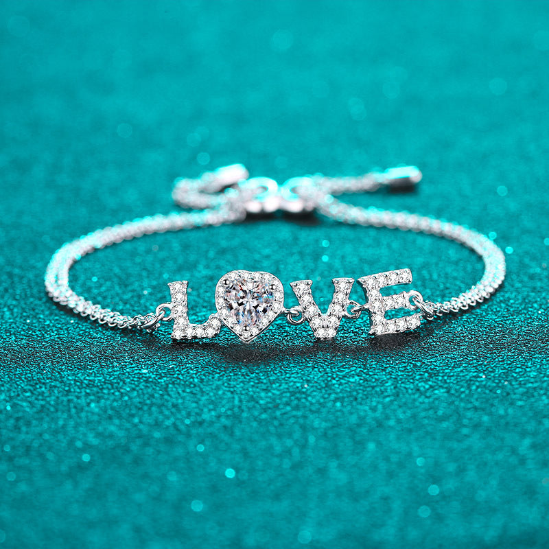 Elegant Stackable "Love" Letter Necklace for Women - 0.5ct Moissanite or 5mm Heart Zircon Choice in 925 Silver with 5-Layer Rhodium Plating