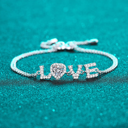 Elegant Stackable "Love" Letter Necklace for Women - 0.5ct Moissanite or 5mm Heart Zircon Choice in 925 Silver with 5-Layer Rhodium Plating