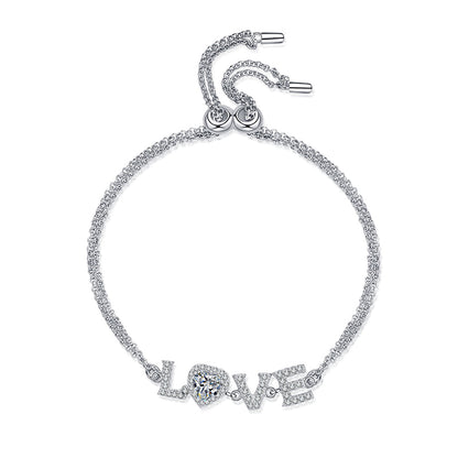 Elegant Stackable "Love" Letter Necklace for Women - 0.5ct Moissanite or 5mm Heart Zircon Choice in 925 Silver with 5-Layer Rhodium Plating