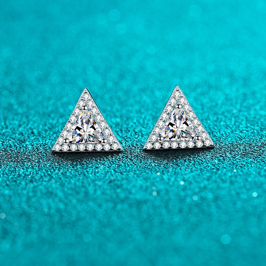 925 Sterling Silver PT950 Platinum Plated Triangle Moissanite Stud Earrings - 1CT Total