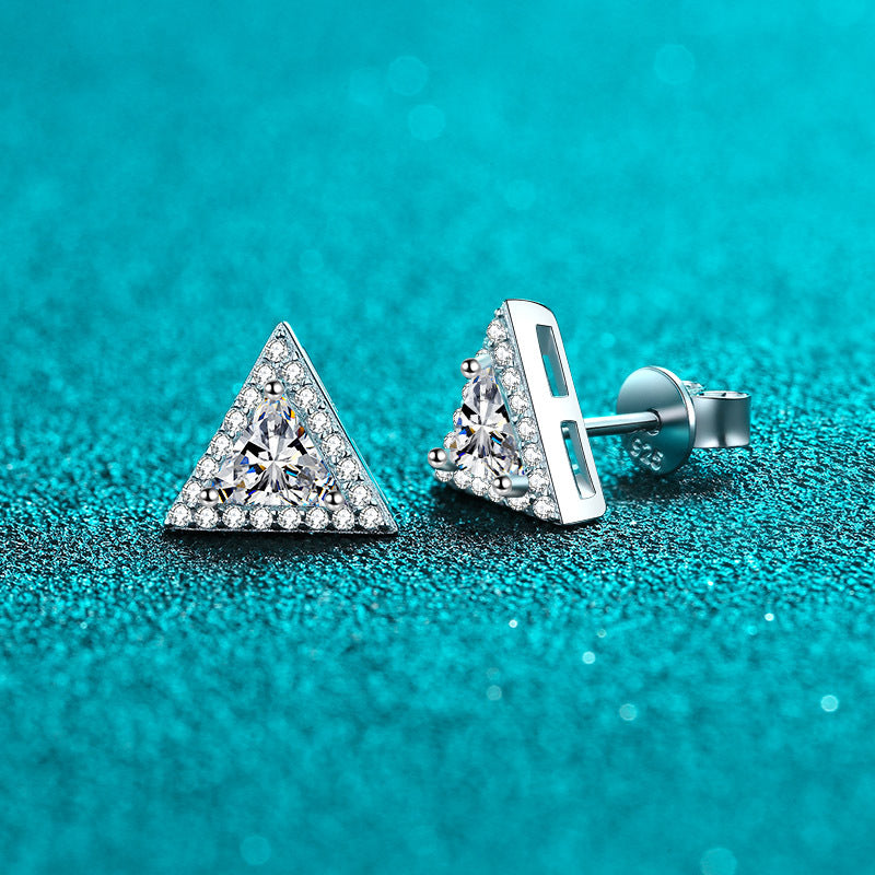 925 Sterling Silver PT950 Platinum Plated Triangle Moissanite Stud Earrings - 1CT Total
