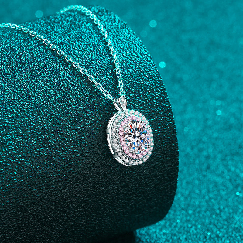 925 Sterling Silver PT950 Rose Gold Plated Oval Pendant Necklace - 1CT Moissanite Sporty-Chic Chain