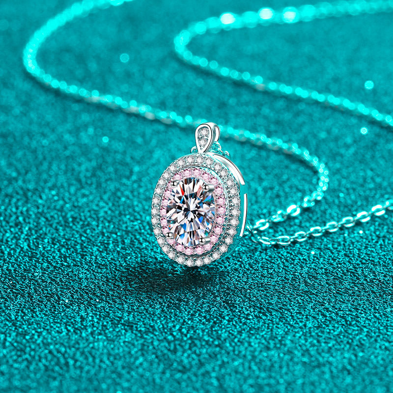 925 Sterling Silver PT950 Rose Gold Plated Oval Pendant Necklace - 1CT Moissanite Sporty-Chic Chain