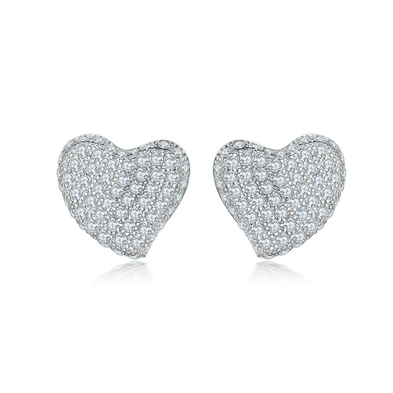 925 Sterling Silver Pavé Heart Stud Earrings – Elegant Full-Zircon Love Design