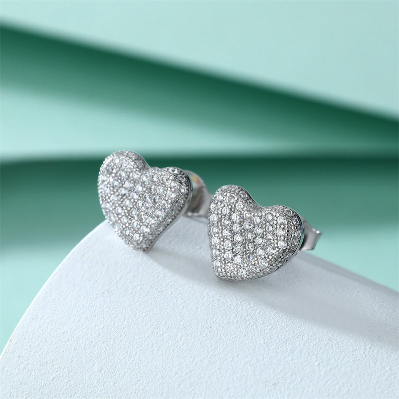 925 Sterling Silver Pavé Heart Stud Earrings – Elegant Full-Zircon Love Design
