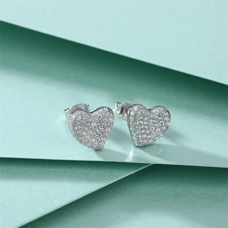 925 Sterling Silver Pavé Heart Stud Earrings – Elegant Full-Zircon Love Design
