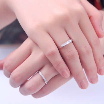 925 Sterling Silver Pave Zircon Couple Rings - Adjustable Korean-Style Matching Set