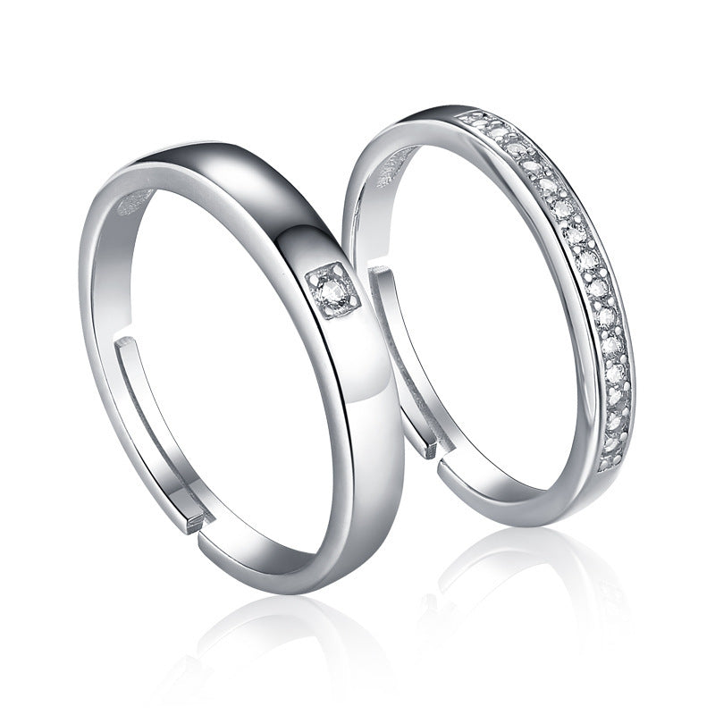 925 Sterling Silver Pave Zircon Couple Rings - Adjustable Korean-Style Matching Set