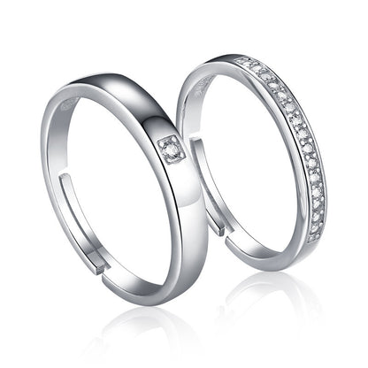 925 Sterling Silver Pave Zircon Couple Rings - Adjustable Korean-Style Matching Set