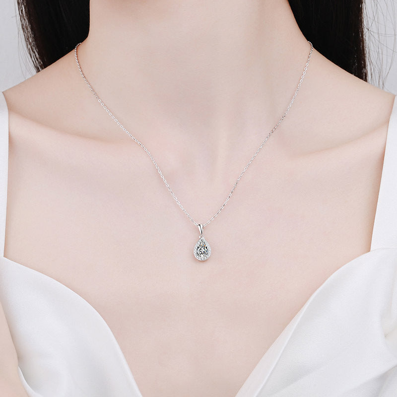 925 Sterling Silver Pear-Cut Pendant Necklace - 1CT Moissanite PT950-Plated Cluster Chain