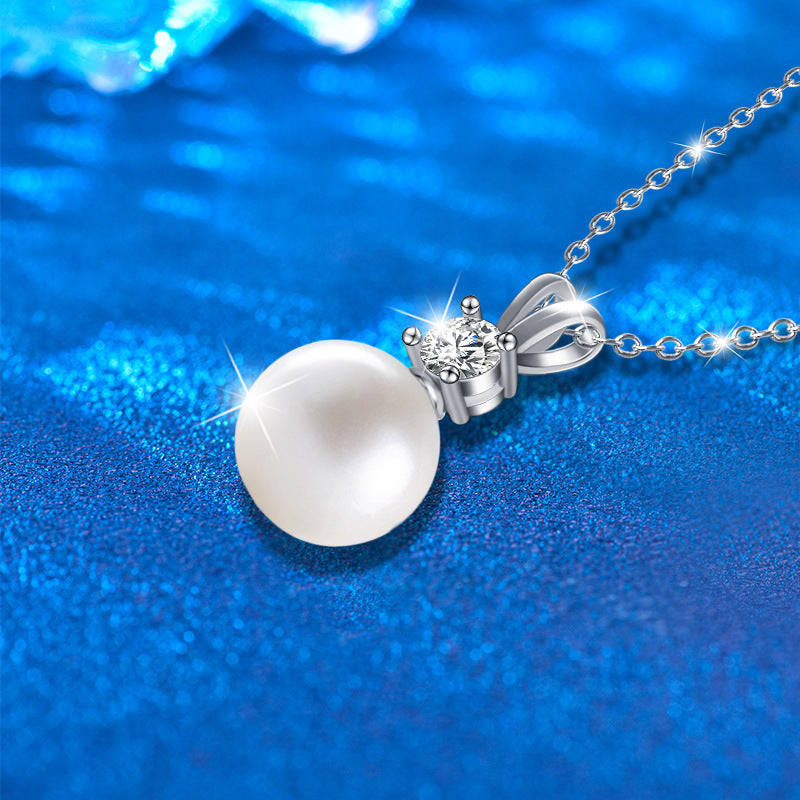 925 Sterling Silver Pearl Accent Geometric Pendant Multi-Layer Necklace with 0.5ct Moissanite Cross Chain Rhodium Plated