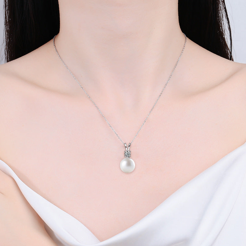 925 Sterling Silver Pearl Accent Geometric Pendant Multi-Layer Necklace with 0.5ct Moissanite Cross Chain Rhodium Plated