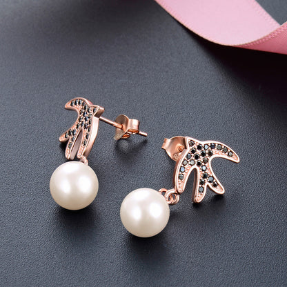 925 Sterling Silver Pearl Drop Earrings - Korean Style Geometric Dangle Earrings for Women
