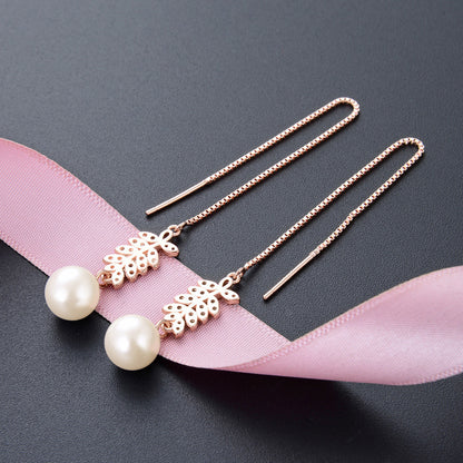 925 Sterling Silver Pearl Drop Earrings - Korean Style Geometric Dangle Earrings with Plastic Ear Stoppers