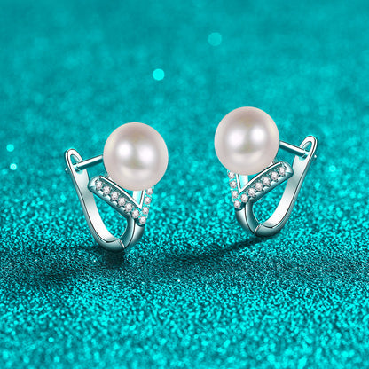 925 Sterling Silver Pearl Huggie Hoops - 0.13ct Moissanite & 8mm Freshwater Pearls with PT950 Gold Plating
