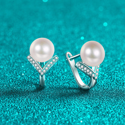 925 Sterling Silver Pearl Huggie Hoops - 0.13ct Moissanite & 8mm Freshwater Pearls with PT950 Gold Plating