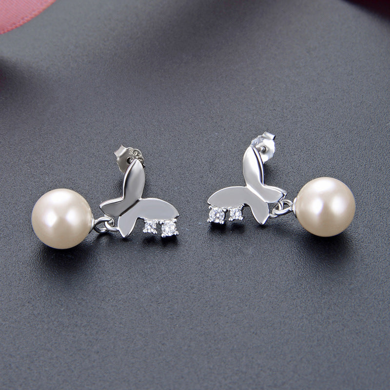 925 Sterling Silver Pearl & Diamond Stud Earrings - 1.5g Korean Style Shell Pearl Earrings with Plastic Backs