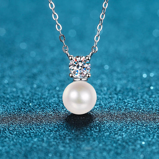 925 Sterling Silver Pearl & Moissanite Necklace - 0.5CT Diamond Simulant & 8mm Freshwater Pearl