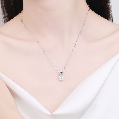 925 Sterling Silver Pearl & Moissanite Necklace - 0.5CT Diamond Simulant & 8mm Freshwater Pearl