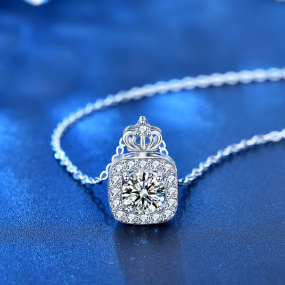 925 Sterling Silver Perfume Bottle Crown Pendant Necklace with 1ct or 2ct Moissanite Cross Chain Unique Women's Jewelry