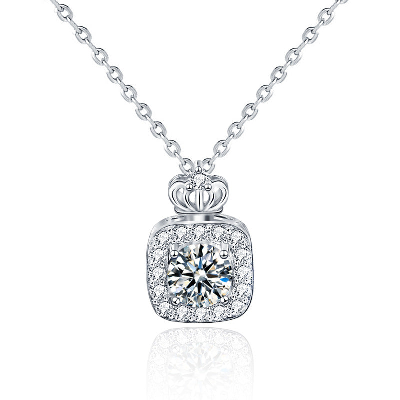 925 Sterling Silver Perfume Bottle Crown Pendant Necklace with 1ct or 2ct Moissanite Cross Chain Unique Women's Jewelry
