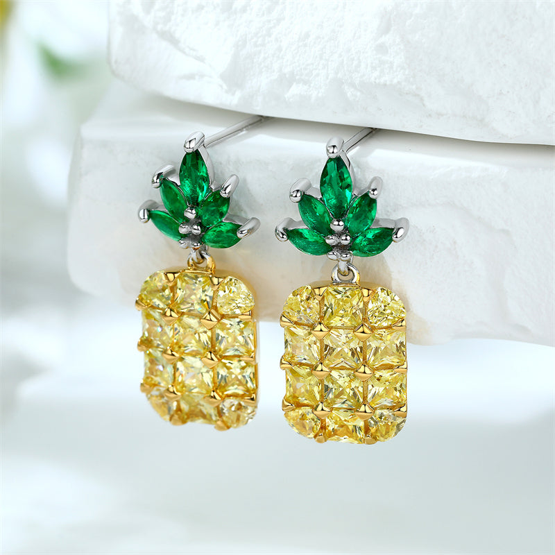925 Sterling Silver Pineapple Stud Earrings - Whimsical Zircon Fruit Jewelry for Women