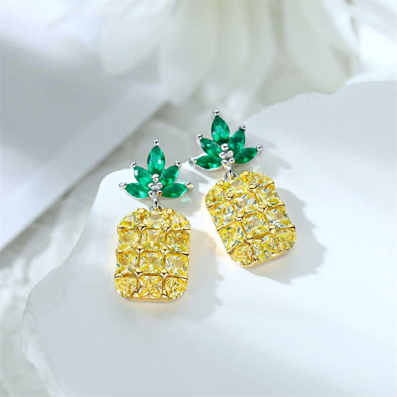 925 Sterling Silver Pineapple Stud Earrings - Whimsical Zircon Fruit Jewelry for Women
