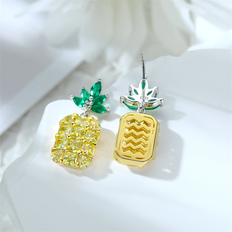 925 Sterling Silver Pineapple Stud Earrings - Whimsical Zircon Fruit Jewelry for Women