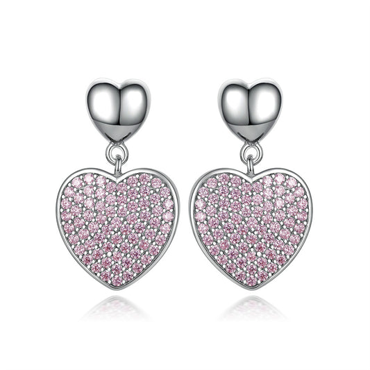 925 Sterling Silver Pink Zircon Heart Earrings – Elegant Fringe Drop Design for Women