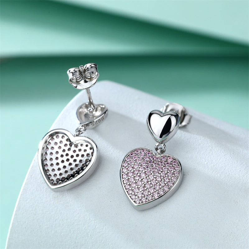 925 Sterling Silver Pink Zircon Heart Earrings – Elegant Fringe Drop Design for Women