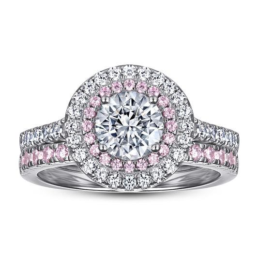 925 Sterling Silver Pink Zircon Ring Set – Elegant Stackable Band Collection