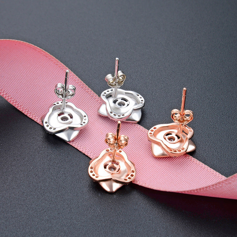 925 Sterling Silver Plated Cartoon Stud Earrings - 2.6g Playful White Gold & Rose Gold Earrings with Plastic Backs
