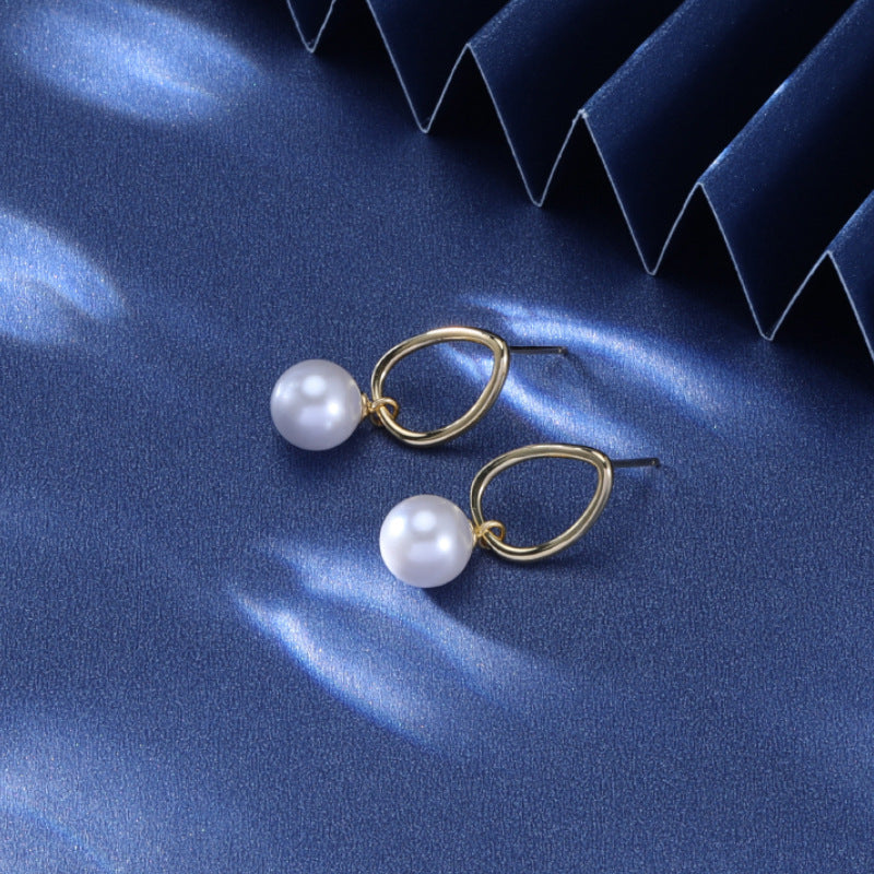 925 Sterling Silver Plated Oval Shell Pearl Stud Earrings with Plastic Backs - Geometric European Style for Women (1.4g)