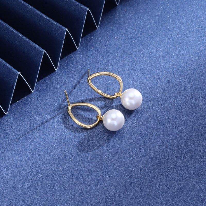 925 Sterling Silver Plated Oval Shell Pearl Stud Earrings with Plastic Backs - Geometric European Style for Women (1.4g)