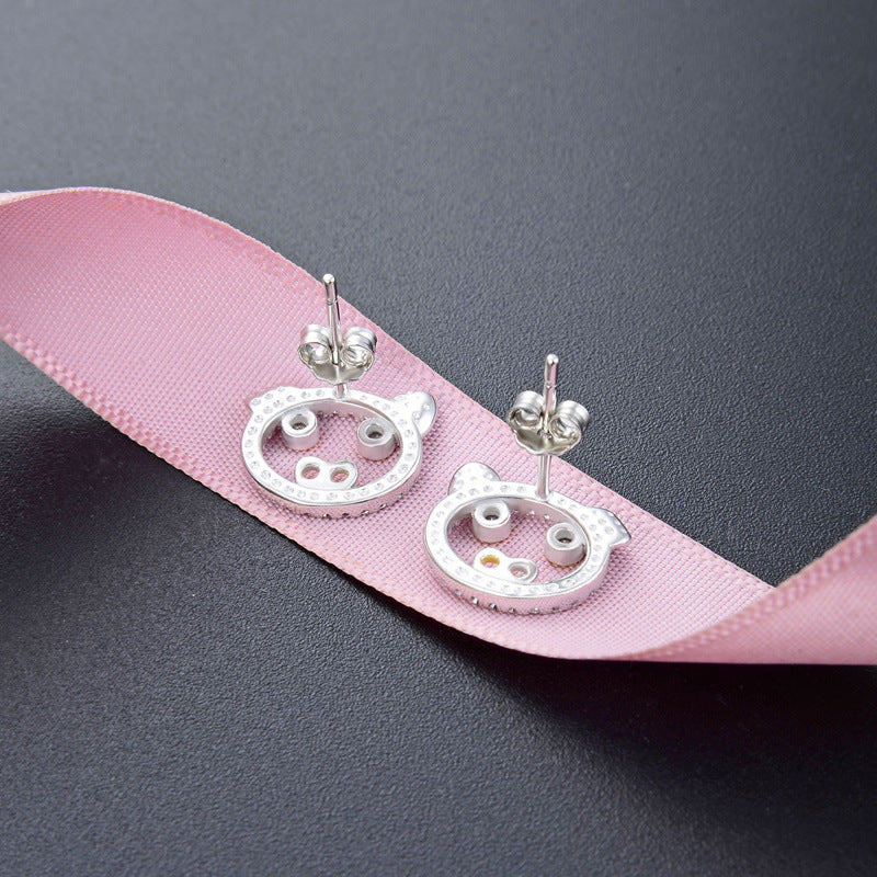 925 Sterling Silver Plated Pig Stud Earrings - Cute Zodiac Animal Earrings with Plastic Backs for Women