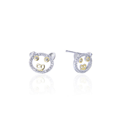 925 Sterling Silver Plated Pig Stud Earrings - Cute Zodiac Animal Earrings with Plastic Backs for Women